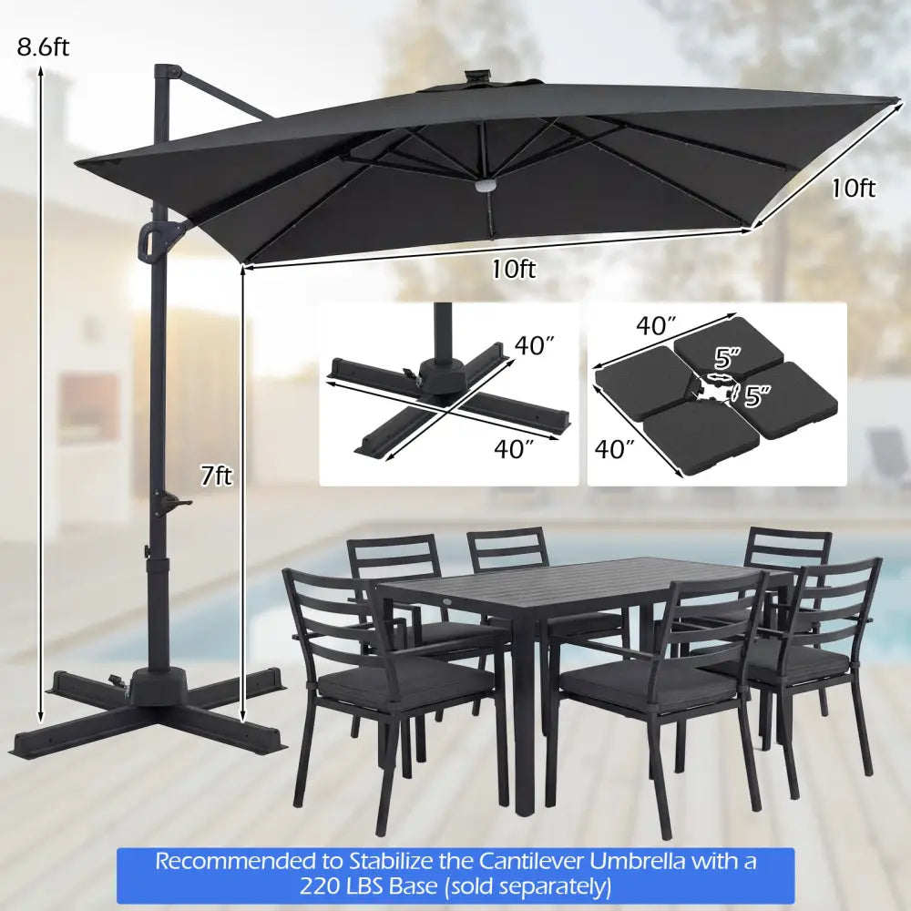 10 FT Cantilever Patio Umbrella with Solar LED Lights for Pool and Garden-Gray - Gray - Outdoor Umbrellas