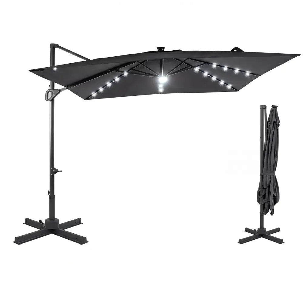 10 FT Cantilever Patio Umbrella with Solar LED Lights for Pool and Garden-Gray - Gray - Outdoor Umbrellas