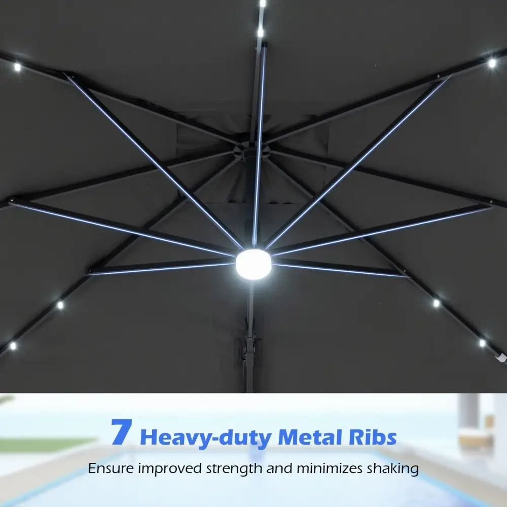 10 FT Cantilever Patio Umbrella with Solar LED Lights for Pool and Garden-Gray - Gray - Outdoor Umbrellas