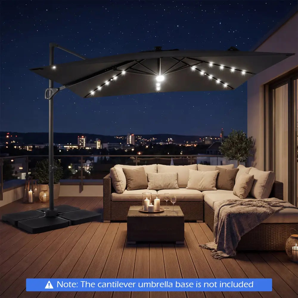 10 FT Cantilever Patio Umbrella with Solar LED Lights for Pool and Garden-Gray - Gray - Outdoor Umbrellas