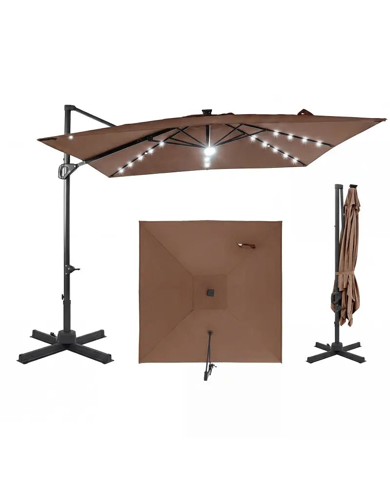 10 FT Cantilever Patio Umbrella with Solar LED Lights for Pool and Garden-Brown - Brown - Outdoor Umbrellas
