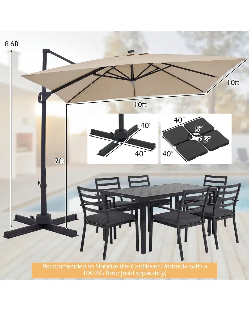 10 FT Cantilever Patio Umbrella with Solar LED Lights for Pool and Garden-Beige - Beige - Outdoor Umbrellas