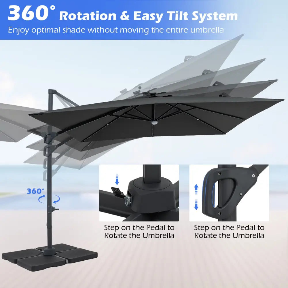 10 FT Cantilever Patio Umbrella with Solar LED Lights for Pool and Garden-Gray - Gray - Outdoor Umbrellas