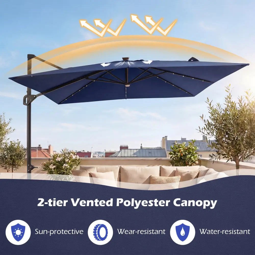 10 FT Cantilever Patio Umbrella with Solar LED Lights for Pool and Garden-Blue - Blue - Outdoor Umbrellas