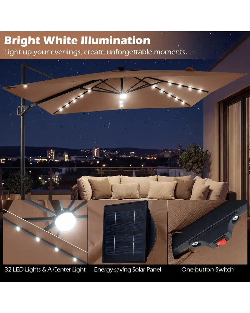 10 FT Cantilever Patio Umbrella with Solar LED Lights for Pool and Garden-Brown - Brown - Outdoor Umbrellas