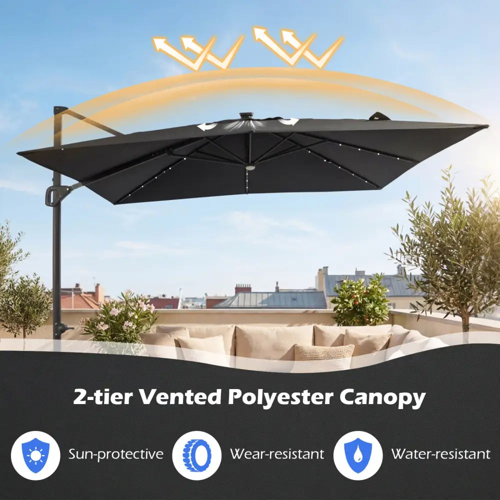 10 FT Cantilever Patio Umbrella with Solar LED Lights for Pool and Garden-Gray - Gray - Outdoor Umbrellas
