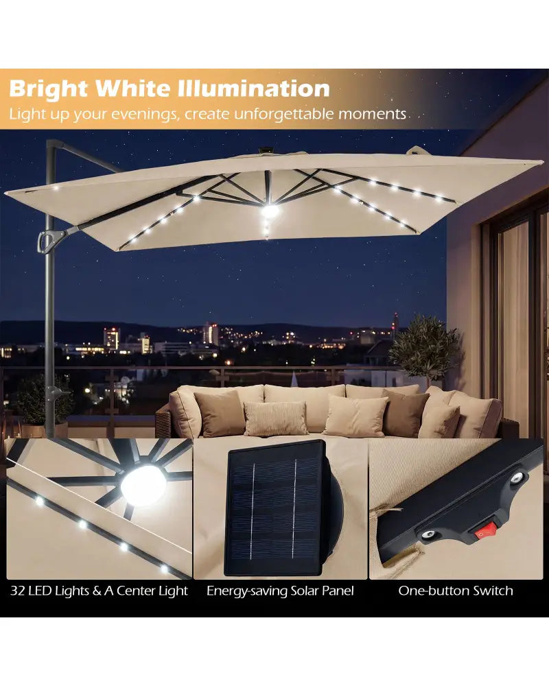10 FT Cantilever Patio Umbrella with Solar LED Lights for Pool and Garden-Beige - Beige - Outdoor Umbrellas