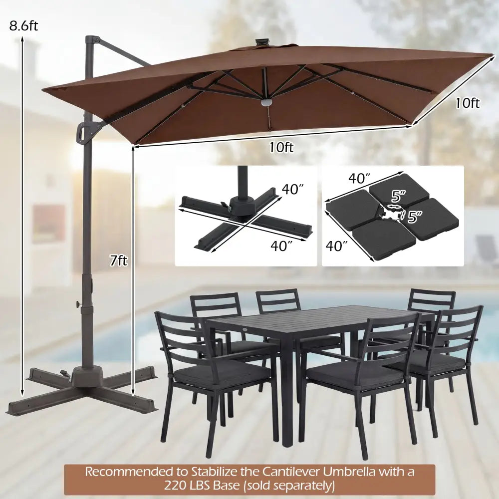 10 FT Cantilever Patio Umbrella with Solar LED Lights for Pool and Garden-Brown - Brown - Outdoor Umbrellas
