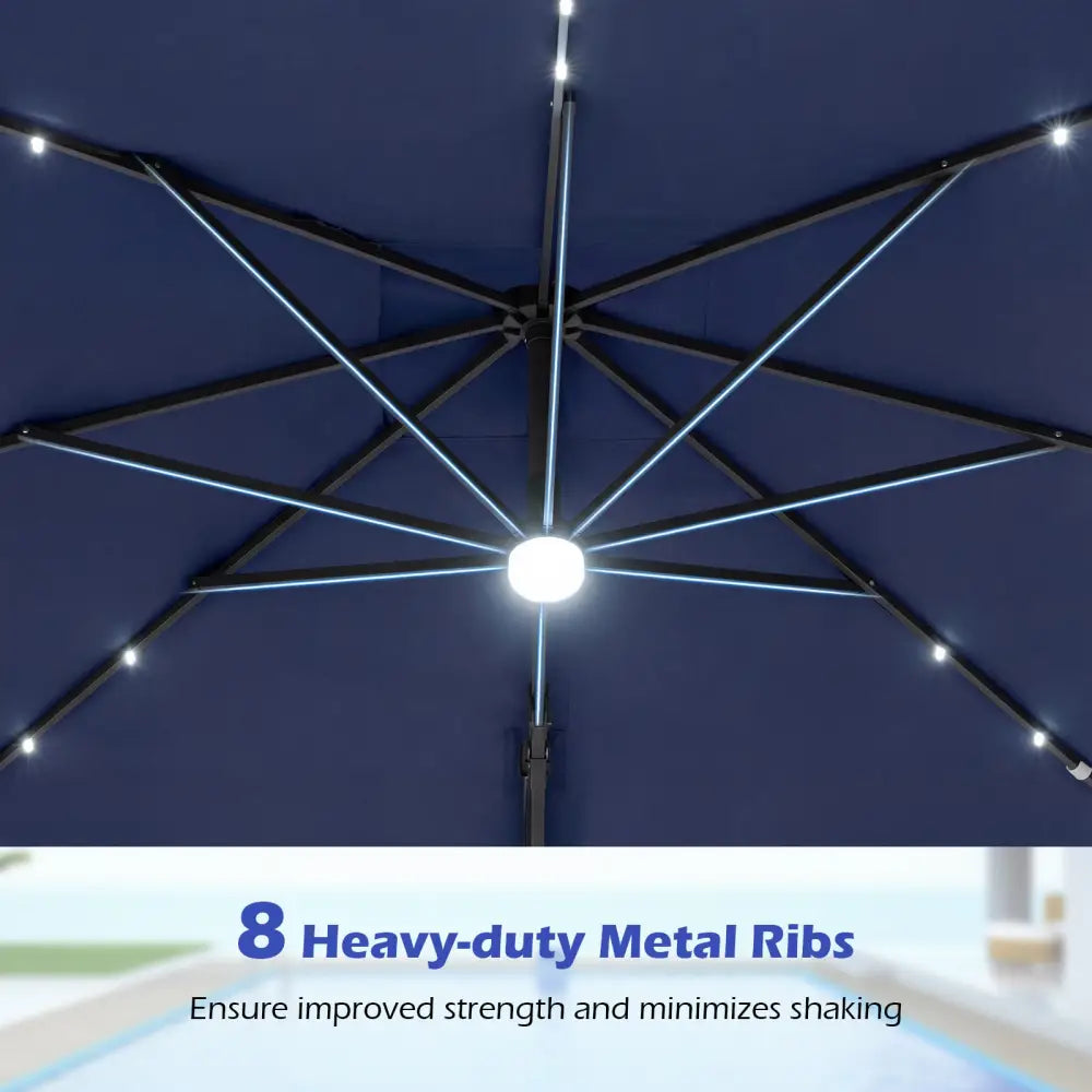 10 FT Cantilever Patio Umbrella with Solar LED Lights for Pool and Garden-Blue - Blue - Outdoor Umbrellas