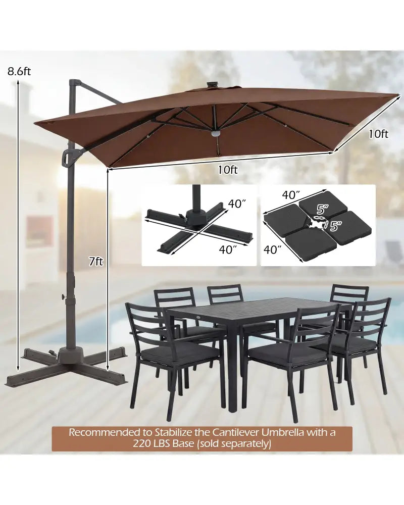 10 FT Cantilever Patio Umbrella with Solar LED Lights for Pool and Garden-Brown - Brown - Outdoor Umbrellas