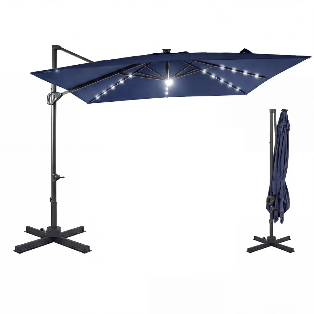 10 FT Cantilever Patio Umbrella with Solar LED Lights for Pool and Garden-Blue - Blue - Outdoor Umbrellas