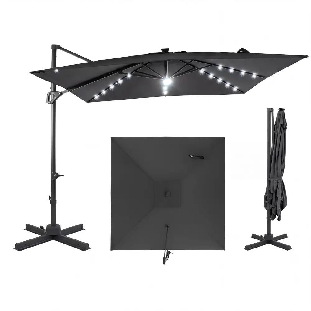 10 FT Cantilever Patio Umbrella with Solar LED Lights for Pool and Garden-Gray - Gray - Outdoor Umbrellas