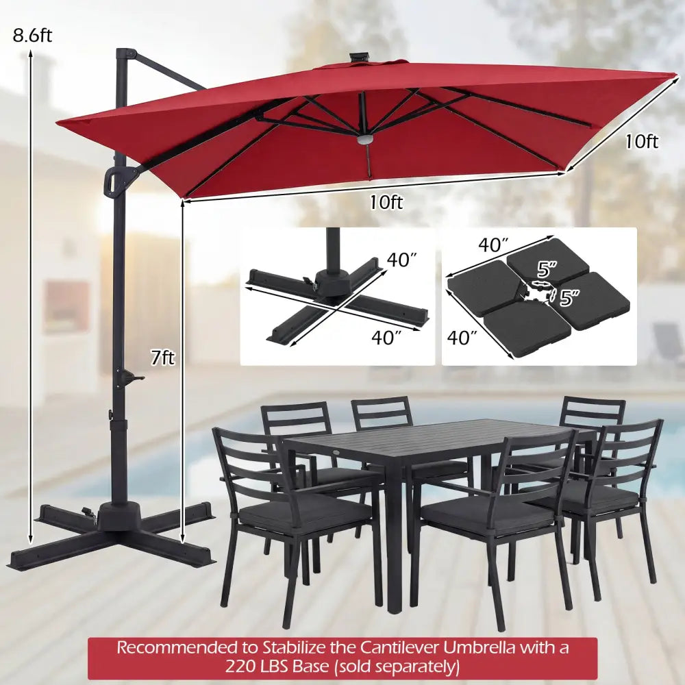 10 FT Cantilever Patio Umbrella with Solar LED Lights for Pool and Garden-Red - Red - Outdoor Umbrellas