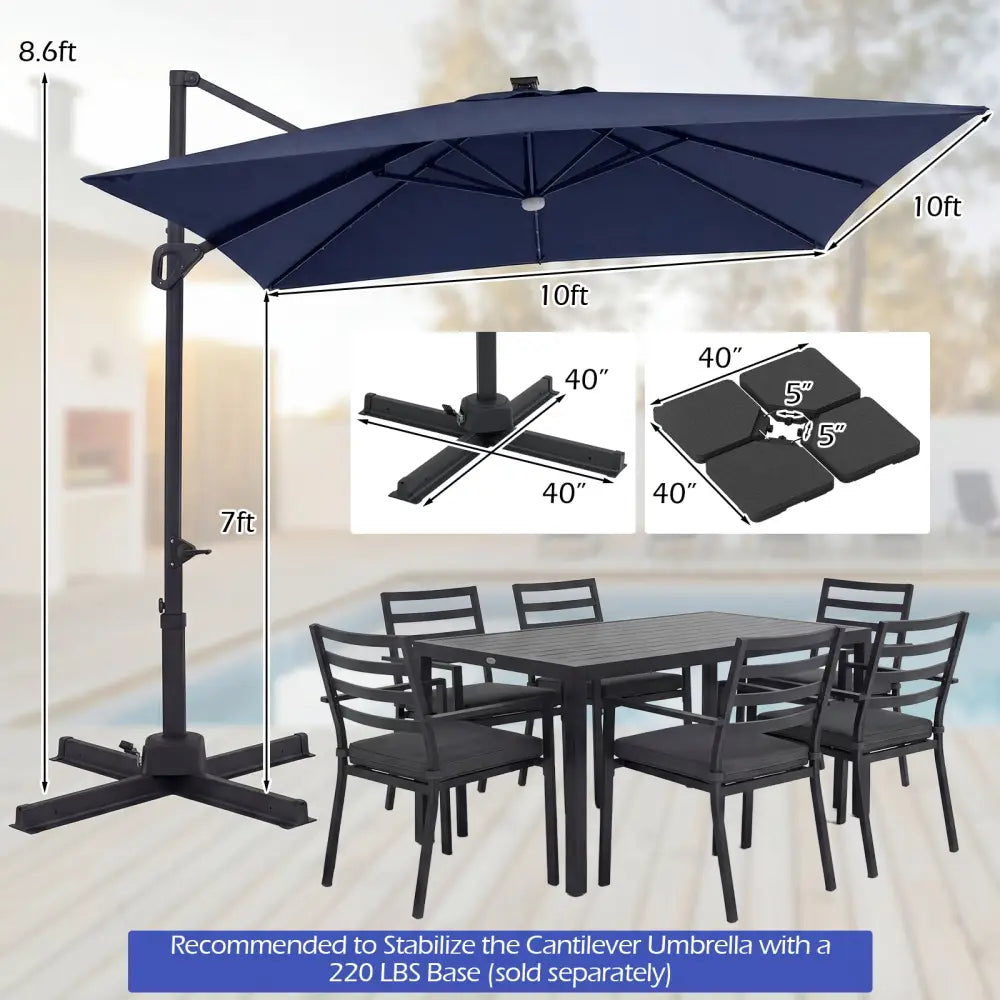 10 FT Cantilever Patio Umbrella with Solar LED Lights for Pool and Garden-Blue - Blue - Outdoor Umbrellas