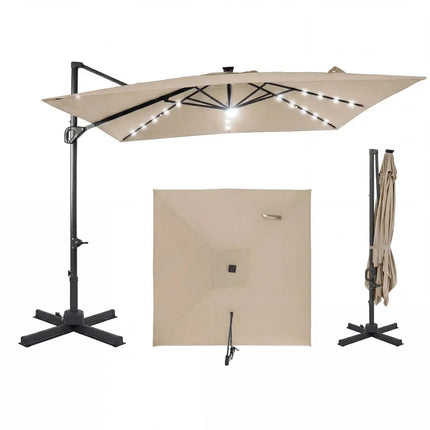 10 FT Cantilever Patio Umbrella with Solar LED Lights for Pool and Garden-Beige - Beige - Outdoor Umbrellas