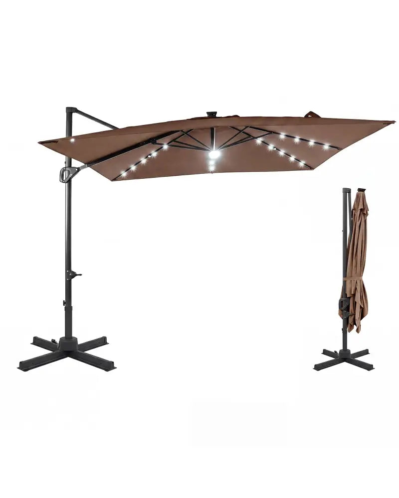 10 FT Cantilever Patio Umbrella with Solar LED Lights for Pool and Garden-Brown - Brown - Outdoor Umbrellas