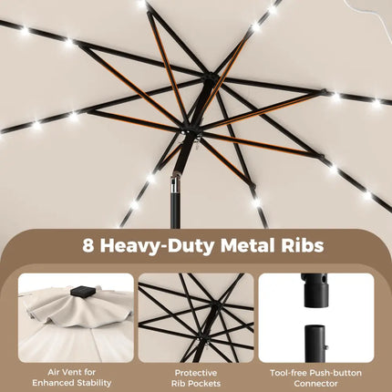 10 FT Outdoor Patio Umbrella with Solar LED Lights and Weighted Base-Beige - Beige - Outdoor Umbrellas