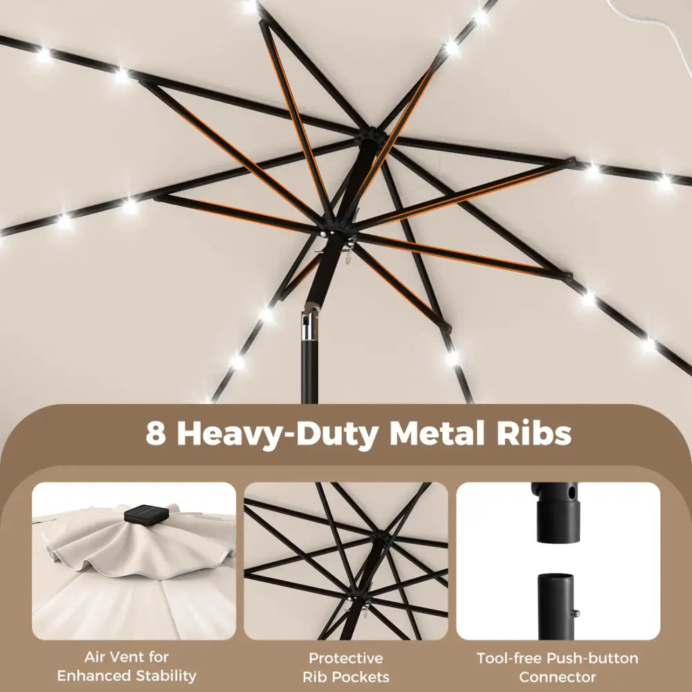 10 FT Outdoor Patio Umbrella with Solar LED Lights and Weighted Base-Beige - Beige - Outdoor Umbrellas