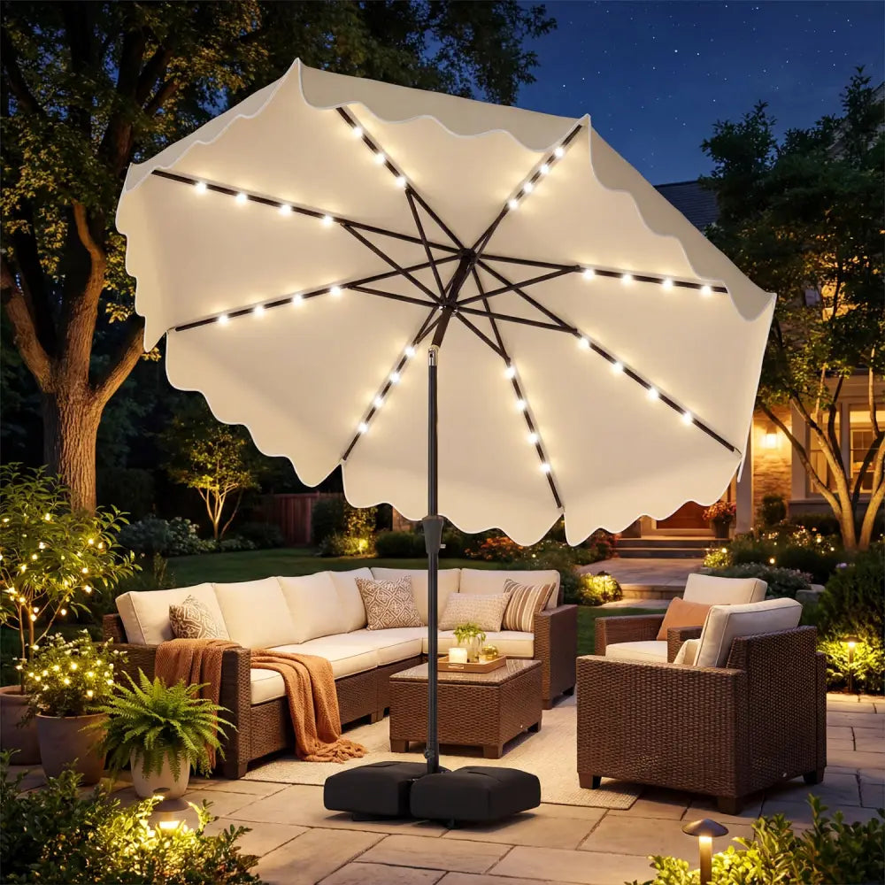 10 FT Outdoor Patio Umbrella with Solar LED Lights and Weighted Base-Beige - Beige - Outdoor Umbrellas