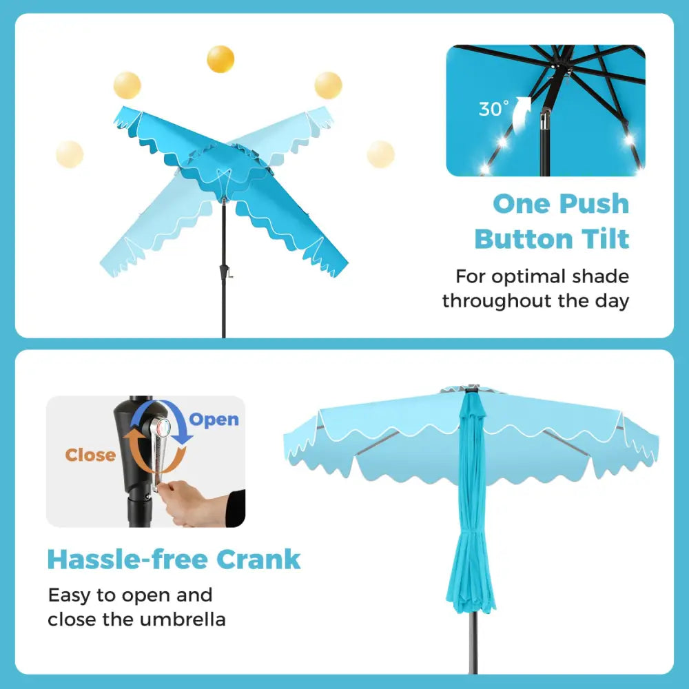 10 FT Outdoor Patio Umbrella with Solar LED Lights and Weighted Base-Turquoise - Turquoise - Outdoor Umbrellas