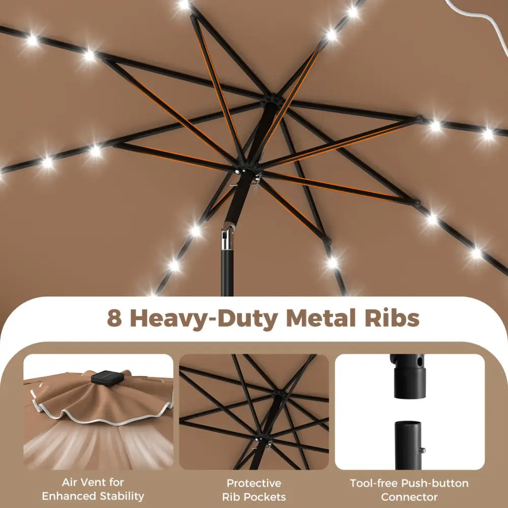 10 FT Outdoor Patio Umbrella with Solar LED Lights and Weighted Base-Brown - Brown - Outdoor Umbrellas