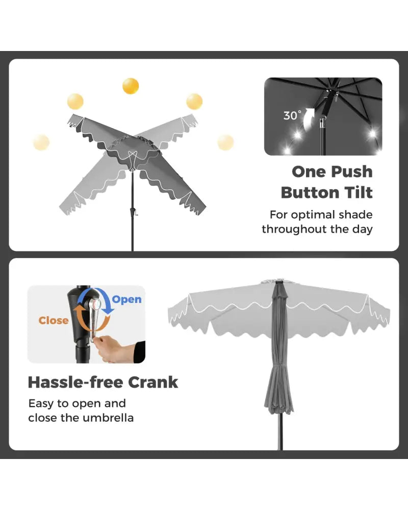 10 FT Outdoor Patio Umbrella with Solar LED Lights and Weighted Base-Gray - Gray - Outdoor Umbrellas