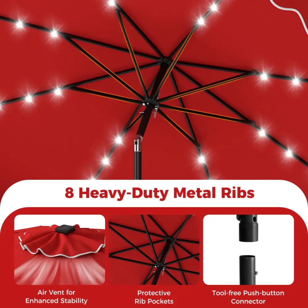 10 FT Outdoor Patio Umbrella with Solar LED Lights and Weighted Base-Red - Red - Outdoor Umbrellas