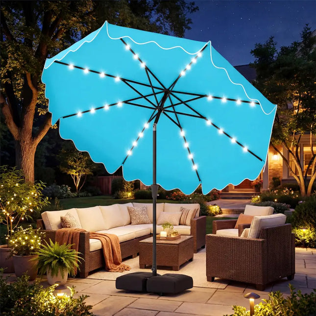 10 FT Outdoor Patio Umbrella with Solar LED Lights and Weighted Base-Turquoise - Turquoise - Outdoor Umbrellas