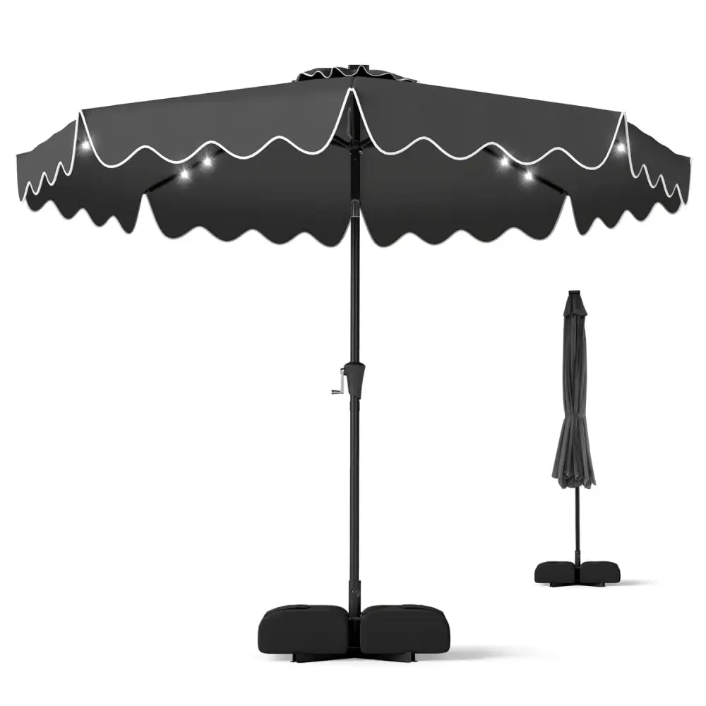 10 FT Outdoor Patio Umbrella with Solar LED Lights and Weighted Base-Gray - Gray - Outdoor Umbrellas
