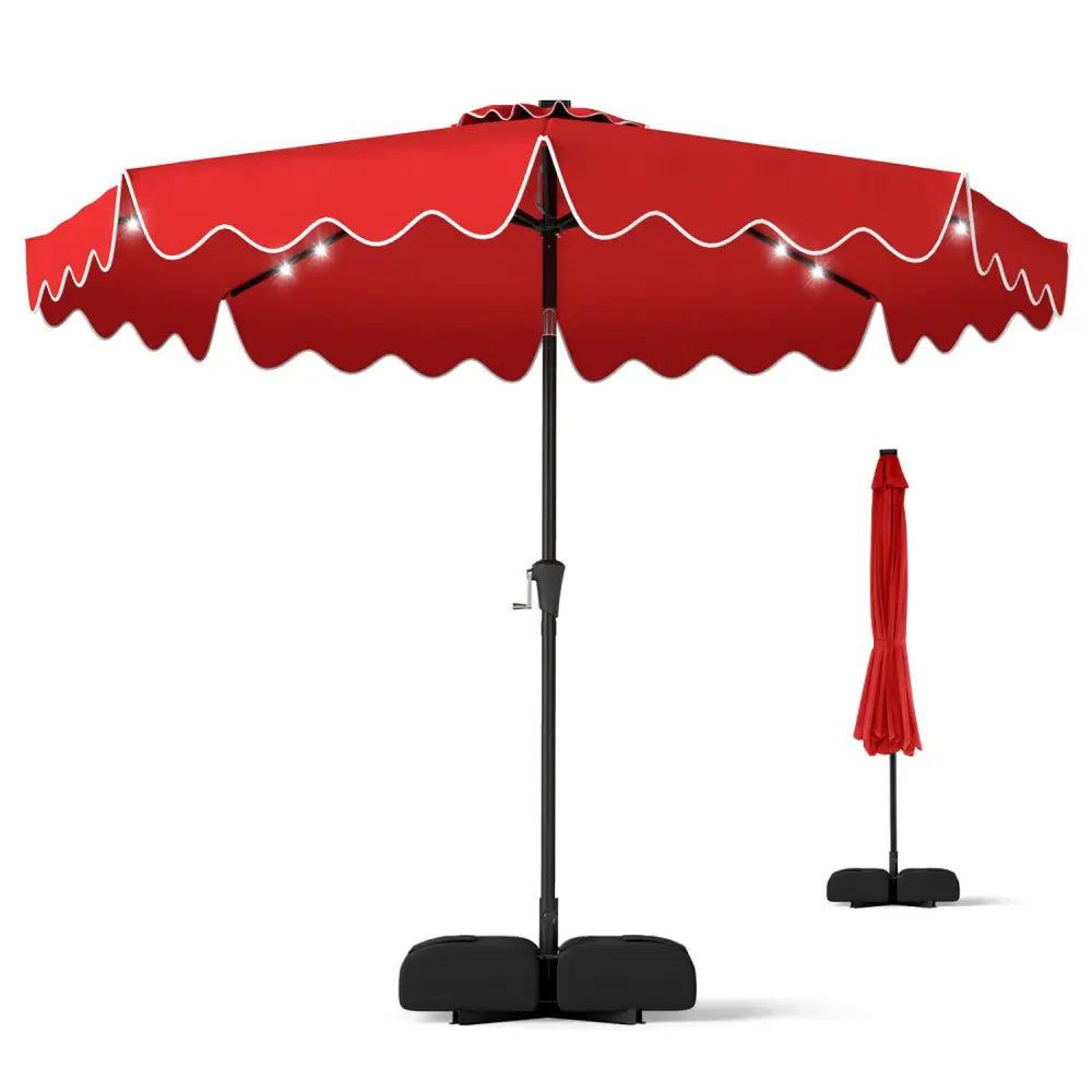 10 FT Outdoor Patio Umbrella with Solar LED Lights and Weighted Base-Red - Red - Outdoor Umbrellas