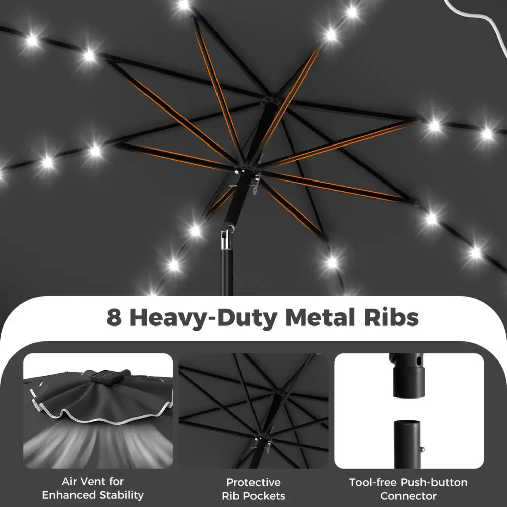 10 FT Outdoor Patio Umbrella with Solar LED Lights and Weighted Base-Gray - Gray - Outdoor Umbrellas