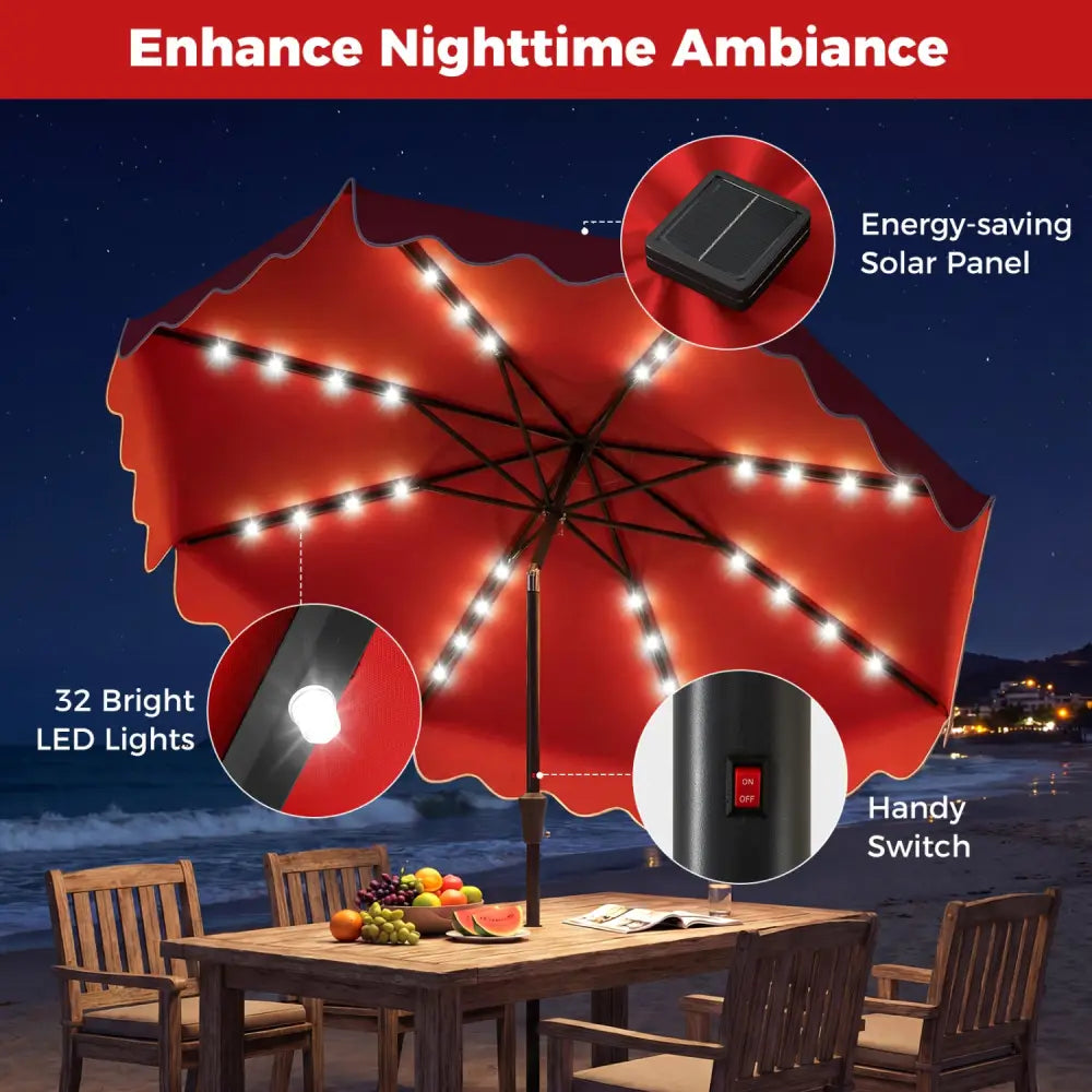 10 FT Outdoor Patio Umbrella with Solar LED Lights and Weighted Base-Red - Red - Outdoor Umbrellas