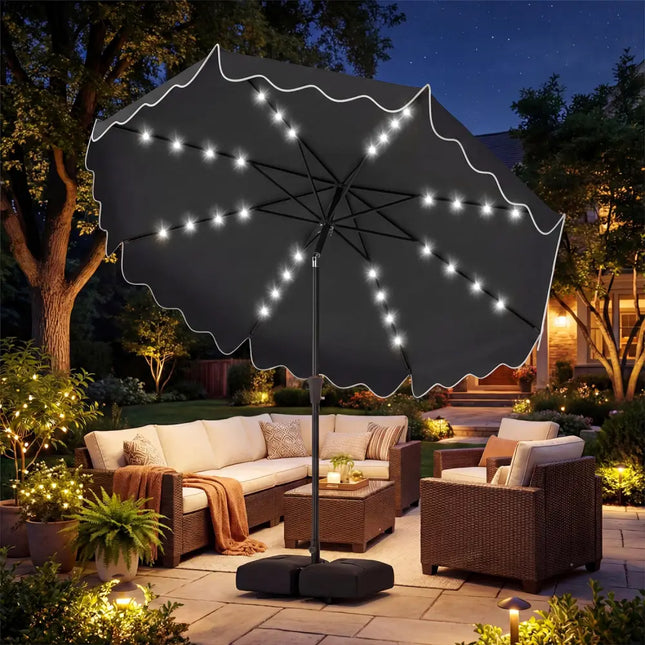 10 FT Outdoor Patio Umbrella with Solar LED Lights and Weighted Base-Gray - Gray - Outdoor Umbrellas
