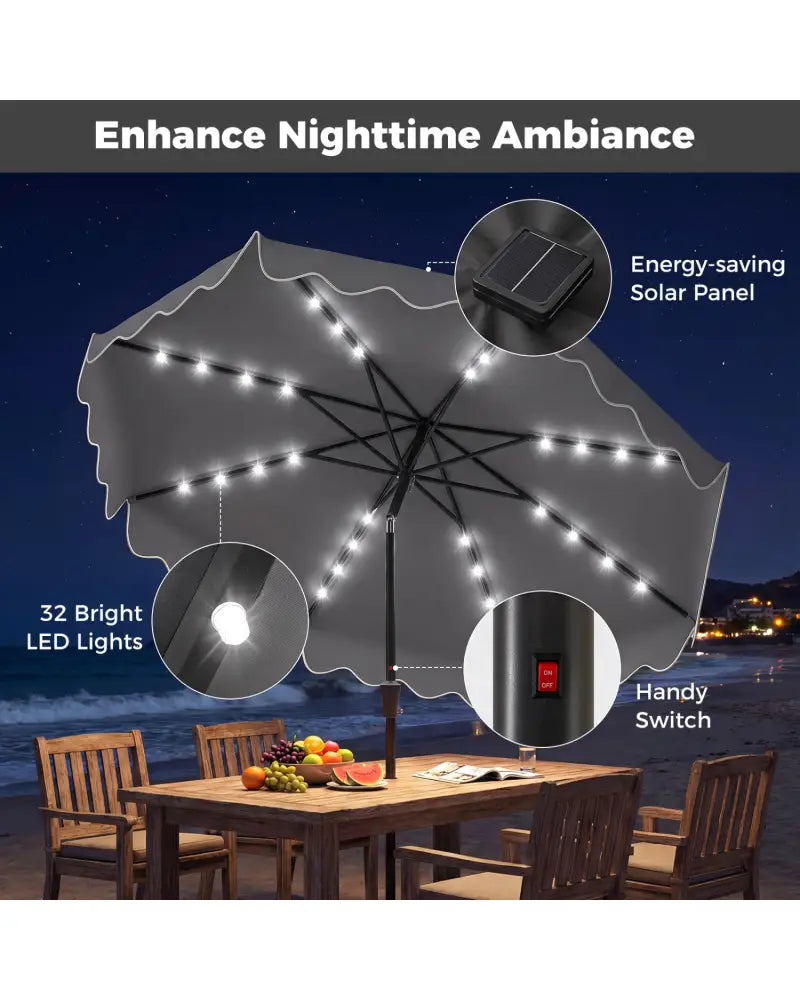 10 FT Outdoor Patio Umbrella with Solar LED Lights and Weighted Base-Gray - Gray - Outdoor Umbrellas