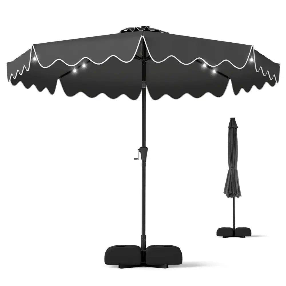 10 FT Outdoor Patio Umbrella with Solar LED Lights and Weighted Base-Gray - Gray - Outdoor Umbrellas
