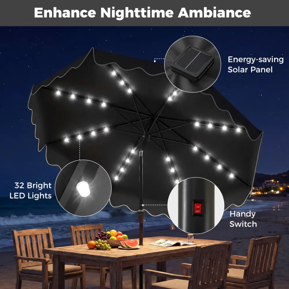 10 FT Outdoor Patio Umbrella with Solar LED Lights and Weighted Base-Gray - Gray - Outdoor Umbrellas