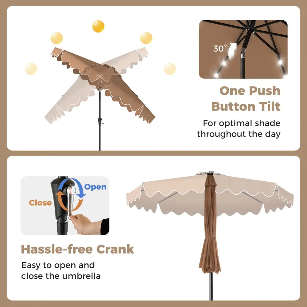 10 FT Outdoor Patio Umbrella with Solar LED Lights and Weighted Base-Brown - Brown - Outdoor Umbrellas