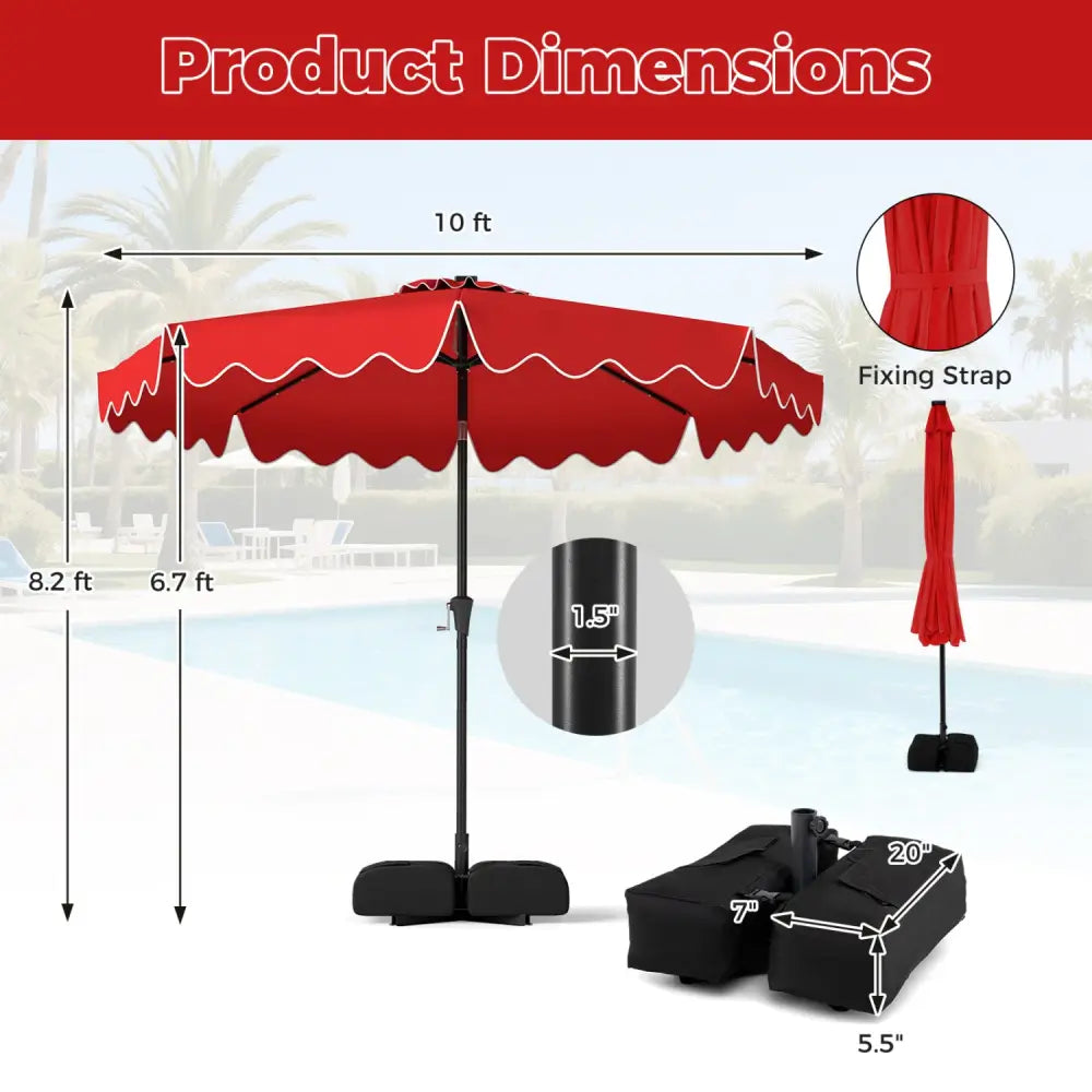10 FT Outdoor Patio Umbrella with Solar LED Lights and Weighted Base-Red - Red - Outdoor Umbrellas