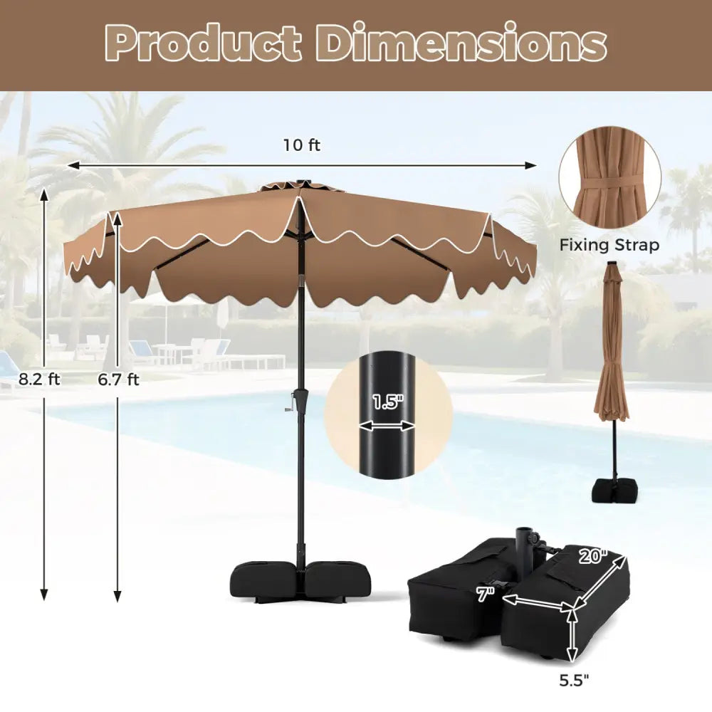 10 FT Outdoor Patio Umbrella with Solar LED Lights and Weighted Base-Brown - Brown - Outdoor Umbrellas
