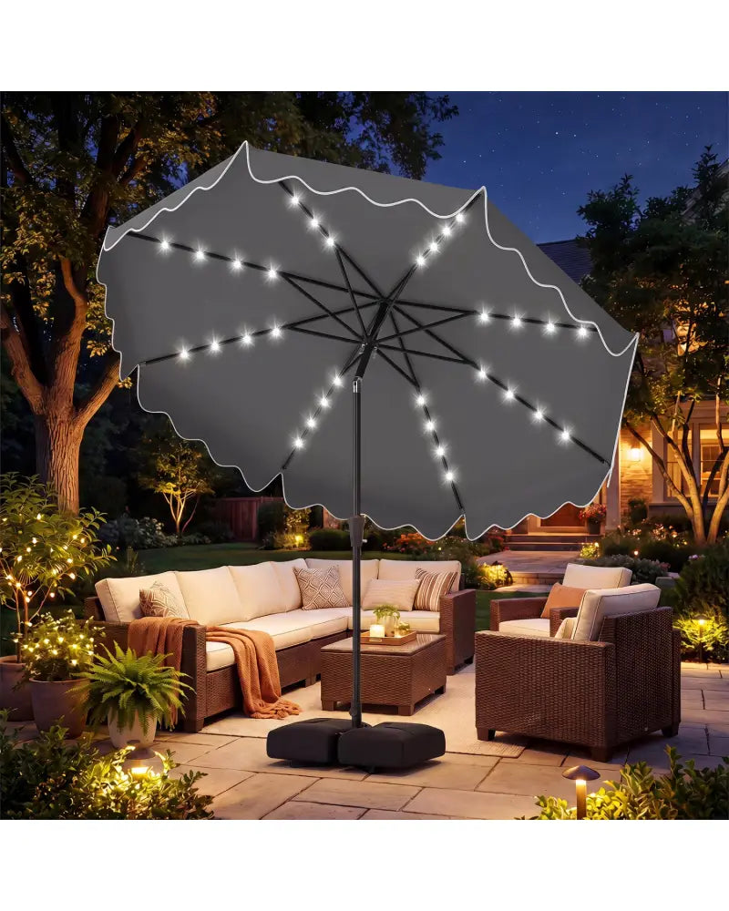 10 FT Outdoor Patio Umbrella with Solar LED Lights and Weighted Base-Gray - Gray - Outdoor Umbrellas