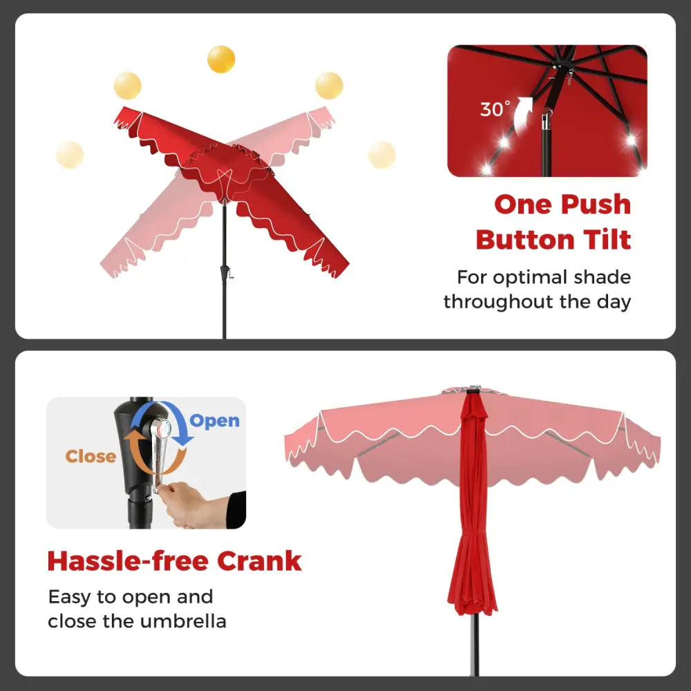 10 FT Outdoor Patio Umbrella with Solar LED Lights and Weighted Base-Red - Red - Outdoor Umbrellas