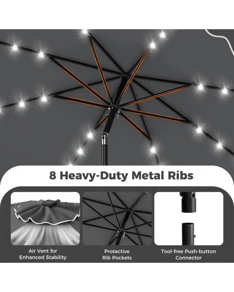 10 FT Outdoor Patio Umbrella with Solar LED Lights and Weighted Base-Gray - Gray - Outdoor Umbrellas