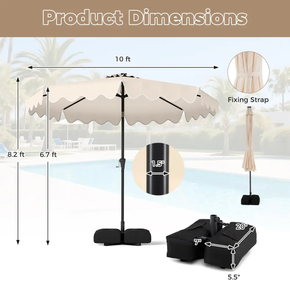 10 FT Outdoor Patio Umbrella with Solar LED Lights and Weighted Base-Beige - Beige - Outdoor Umbrellas