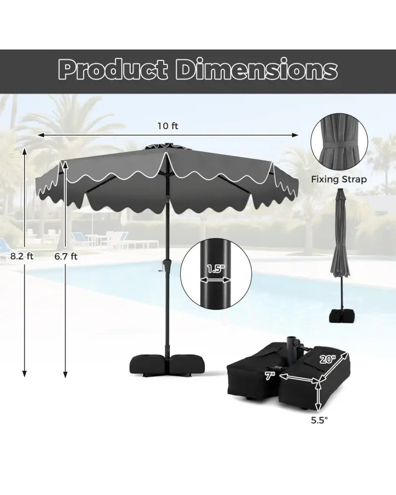 10 FT Outdoor Patio Umbrella with Solar LED Lights and Weighted Base-Gray - Gray - Outdoor Umbrellas