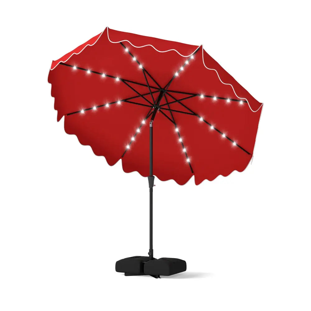 10 FT Outdoor Patio Umbrella with Solar LED Lights and Weighted Base-Red - Red - Outdoor Umbrellas