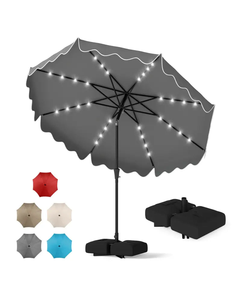 10 FT Outdoor Patio Umbrella with Solar LED Lights and Weighted Base-Gray - Gray - Outdoor Umbrellas