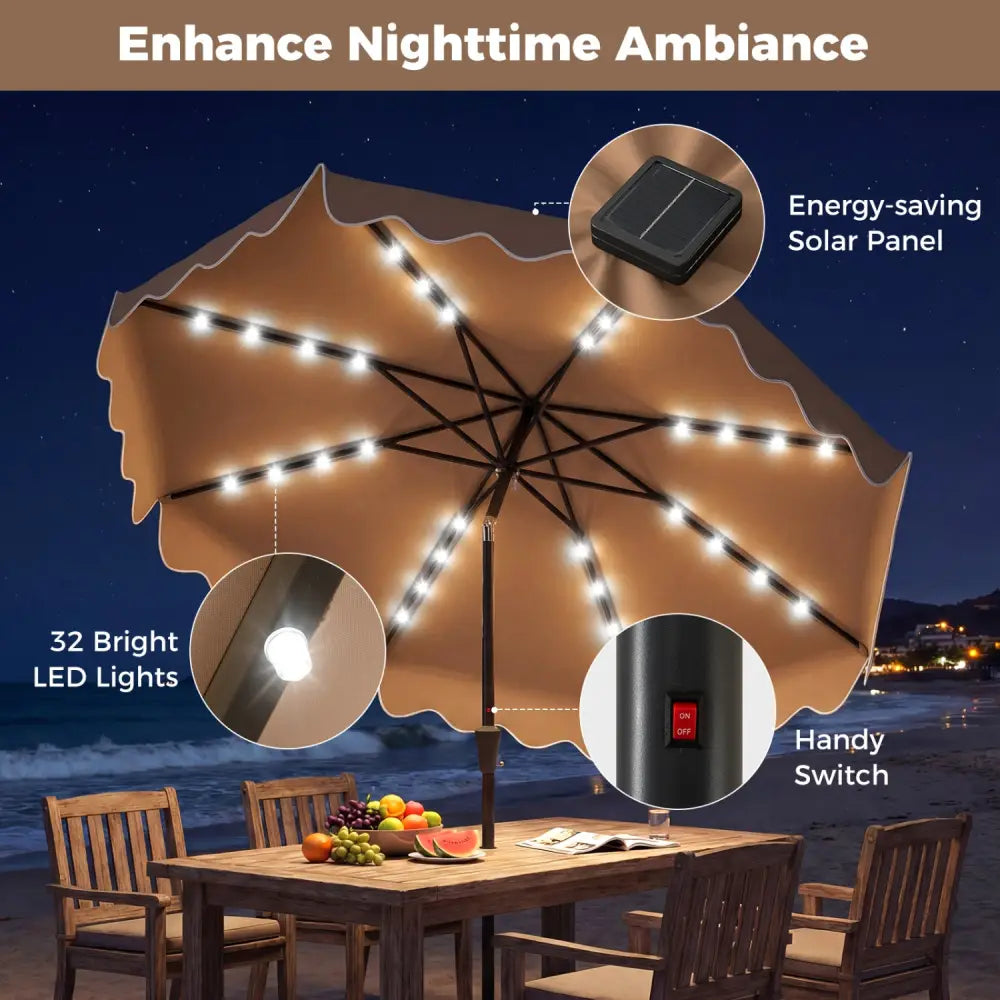 10 FT Outdoor Patio Umbrella with Solar LED Lights and Weighted Base-Brown - Brown - Outdoor Umbrellas