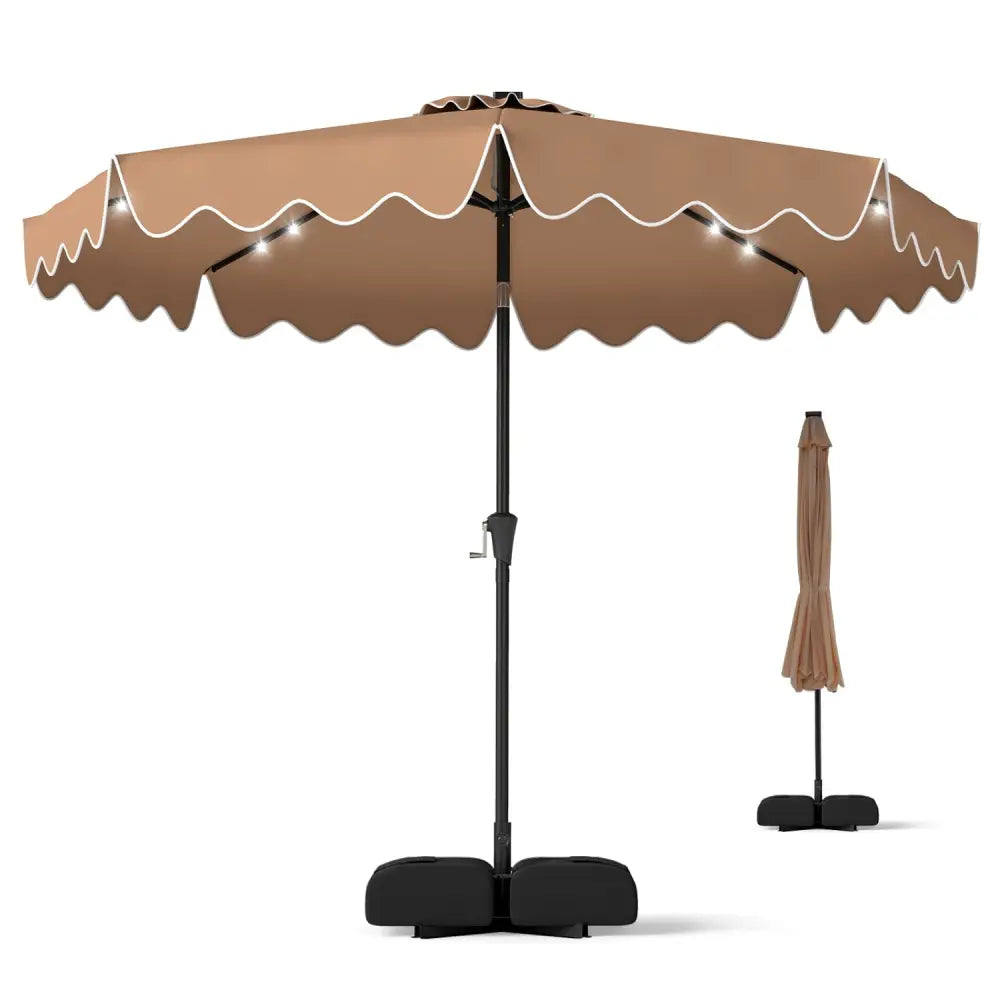 10 FT Outdoor Patio Umbrella with Solar LED Lights and Weighted Base-Brown - Brown - Outdoor Umbrellas