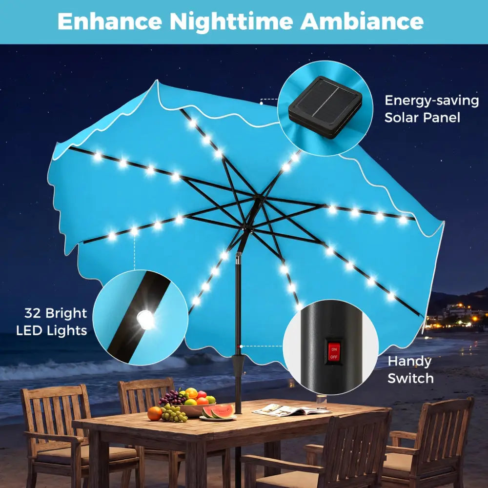 10 FT Outdoor Patio Umbrella with Solar LED Lights and Weighted Base-Turquoise - Turquoise - Outdoor Umbrellas