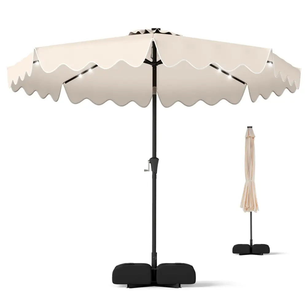 10 FT Outdoor Patio Umbrella with Solar LED Lights and Weighted Base-Beige - Beige - Outdoor Umbrellas